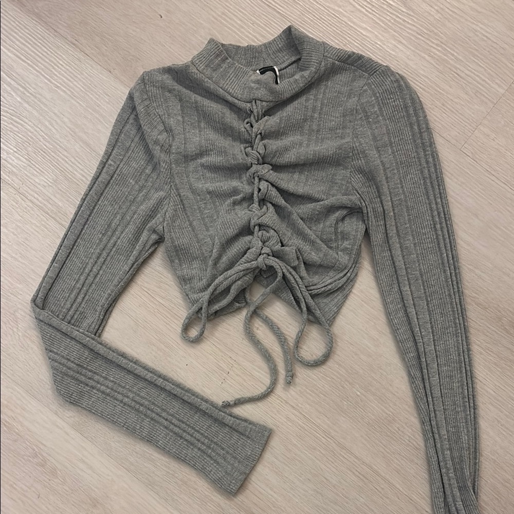 Windsor Gray Lace-Up Ribbed Top